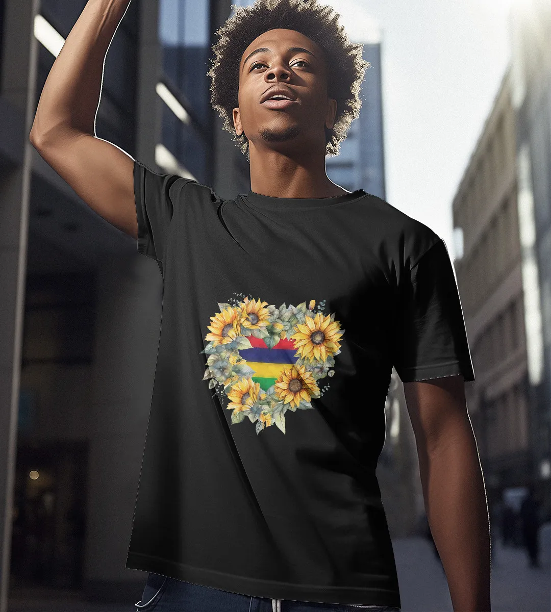 1sttheworld T-Shirt - Heart Sunflowers Mauritius T-Shirt Black A35