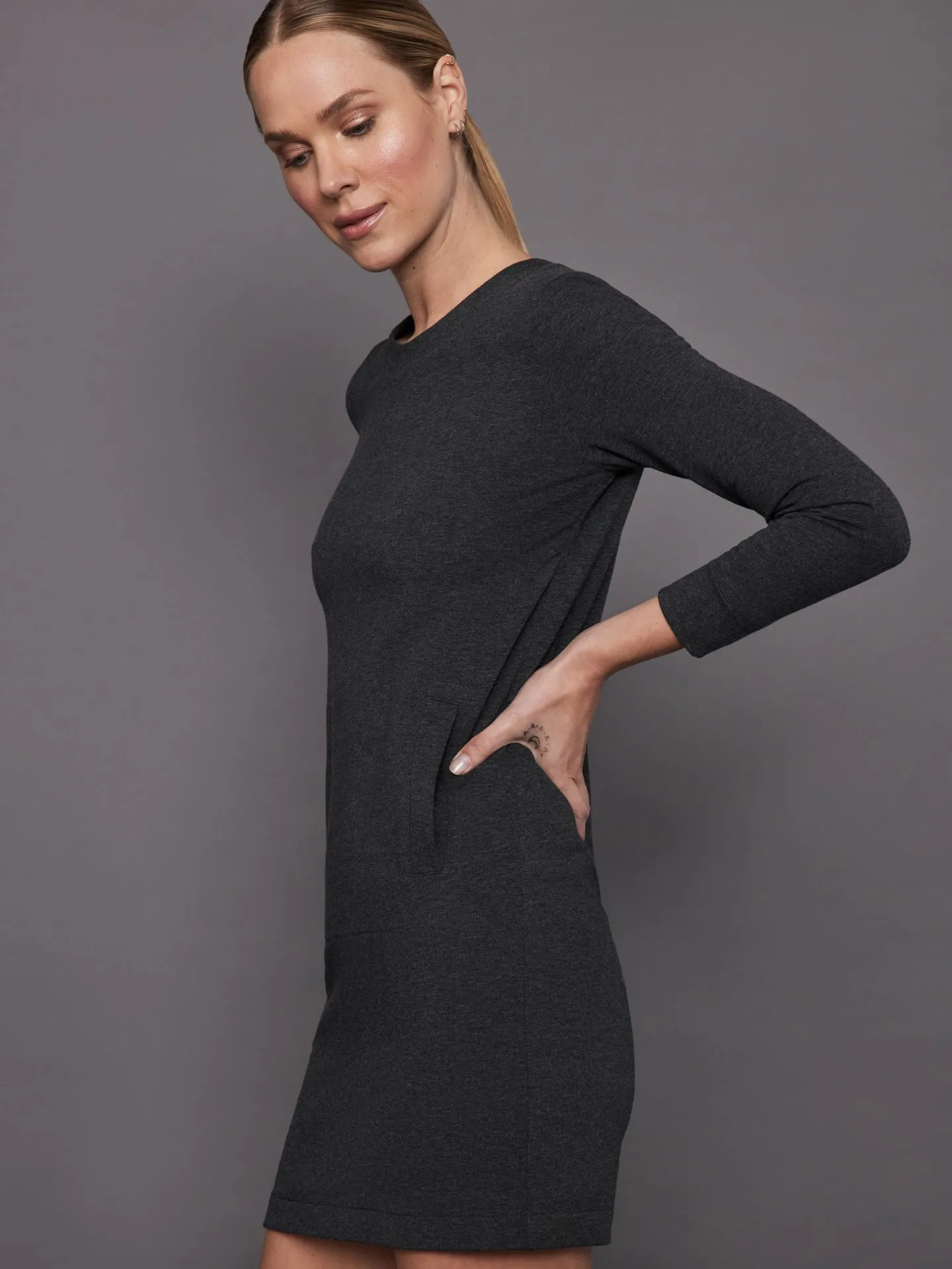 3/4 Sleeve Tailored Terry Mini Dress - Dark Heather Grey