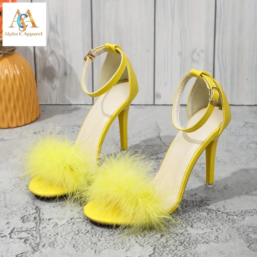 Alpha C Stylish Faux Fur Stiletto Heels - Open Toe Pumps with Buckle Strap