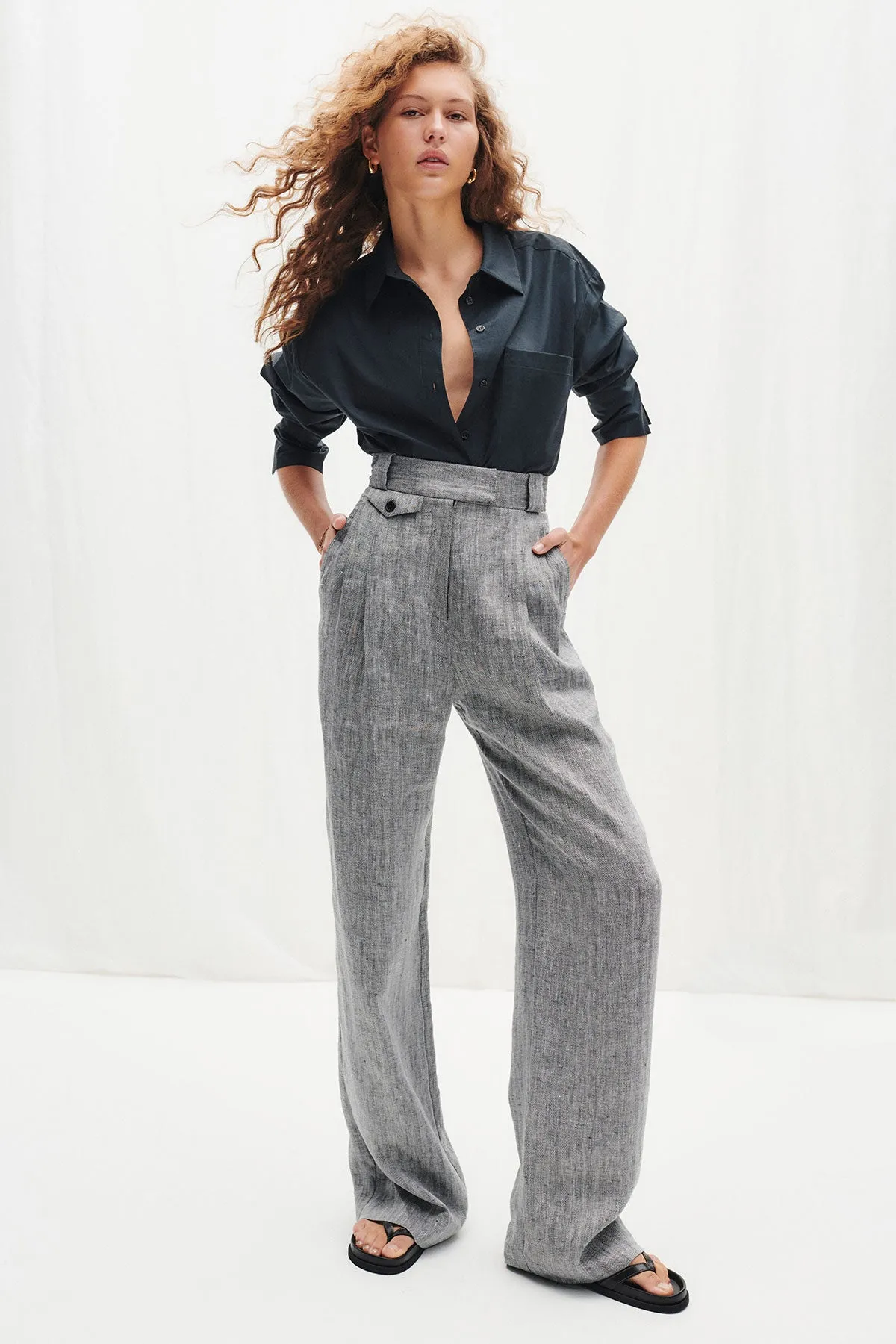 AMANDA LINEN HIGH WAISTED TAILORED PANT - ASH