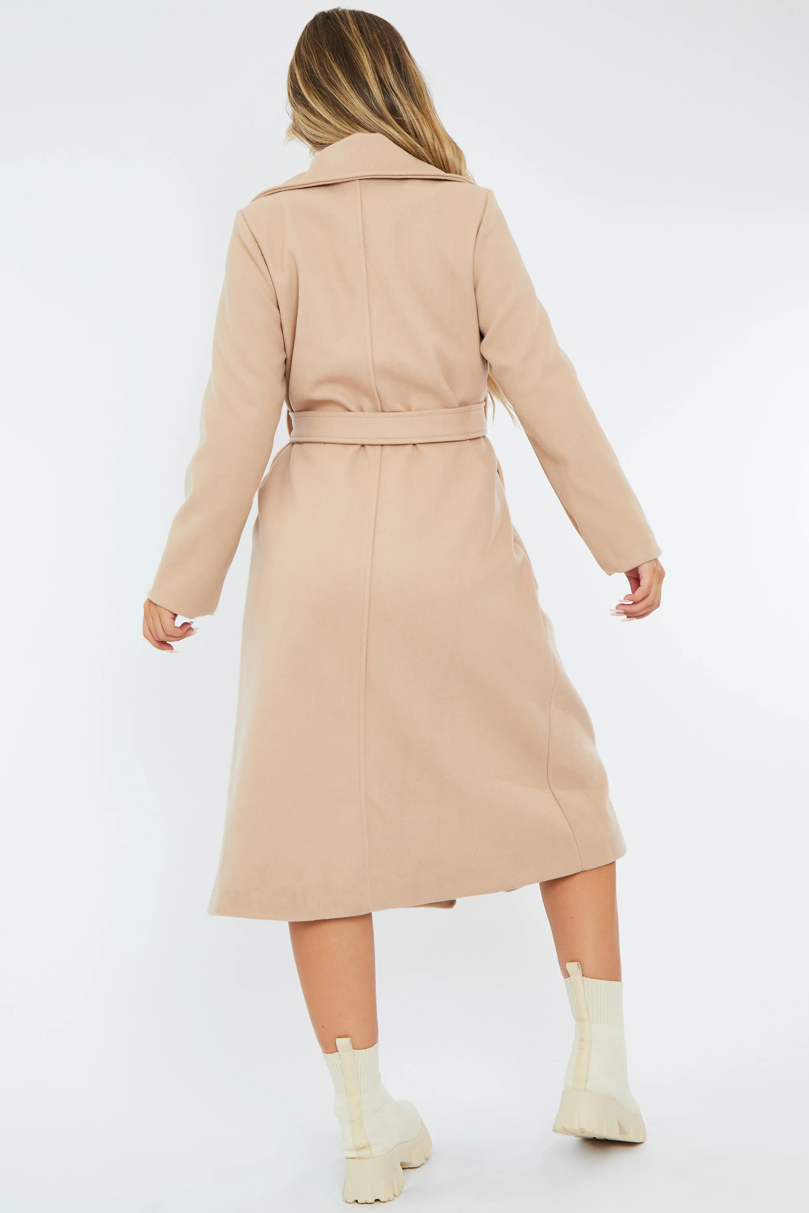 Beige Longline Belted Tailored Coat - Syma