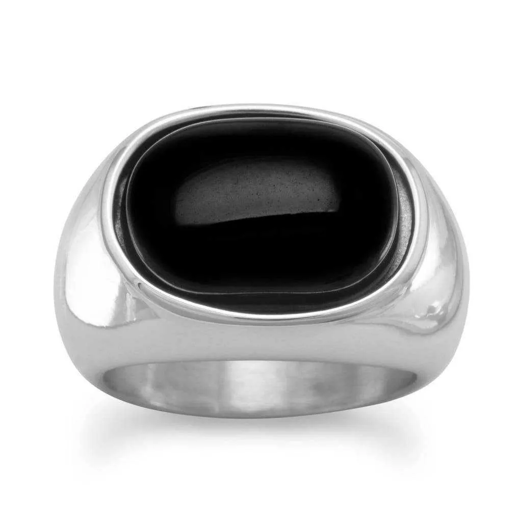 Black Onyx Mens Ring in Stylish Stainless Steel Setting....Size 11