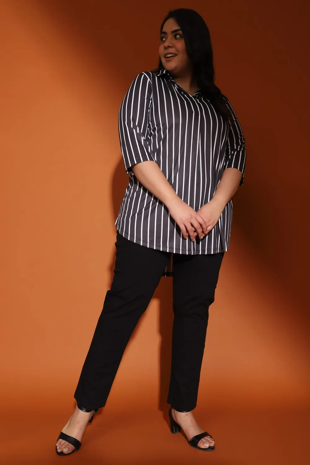 Black Striped Centre Pleat Top