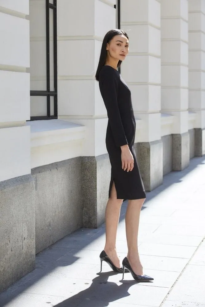 Charlene Tailored Long Sleeve Dress - Black Stretch