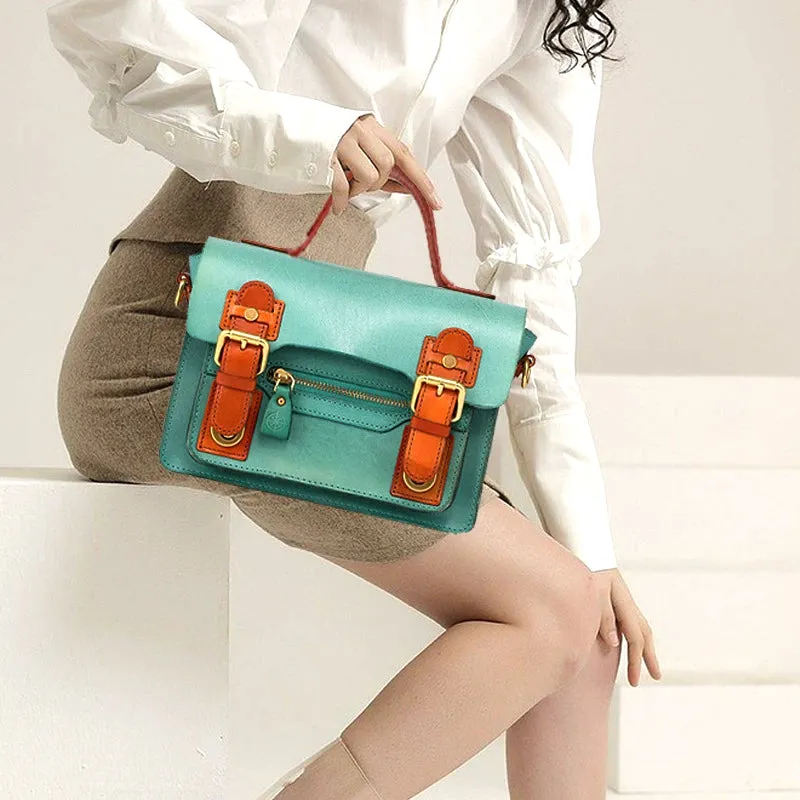 Compact Leather Cambridge Satchel,Stylish Color Contrast Crossbody Leather Bag,For Women-i7bags