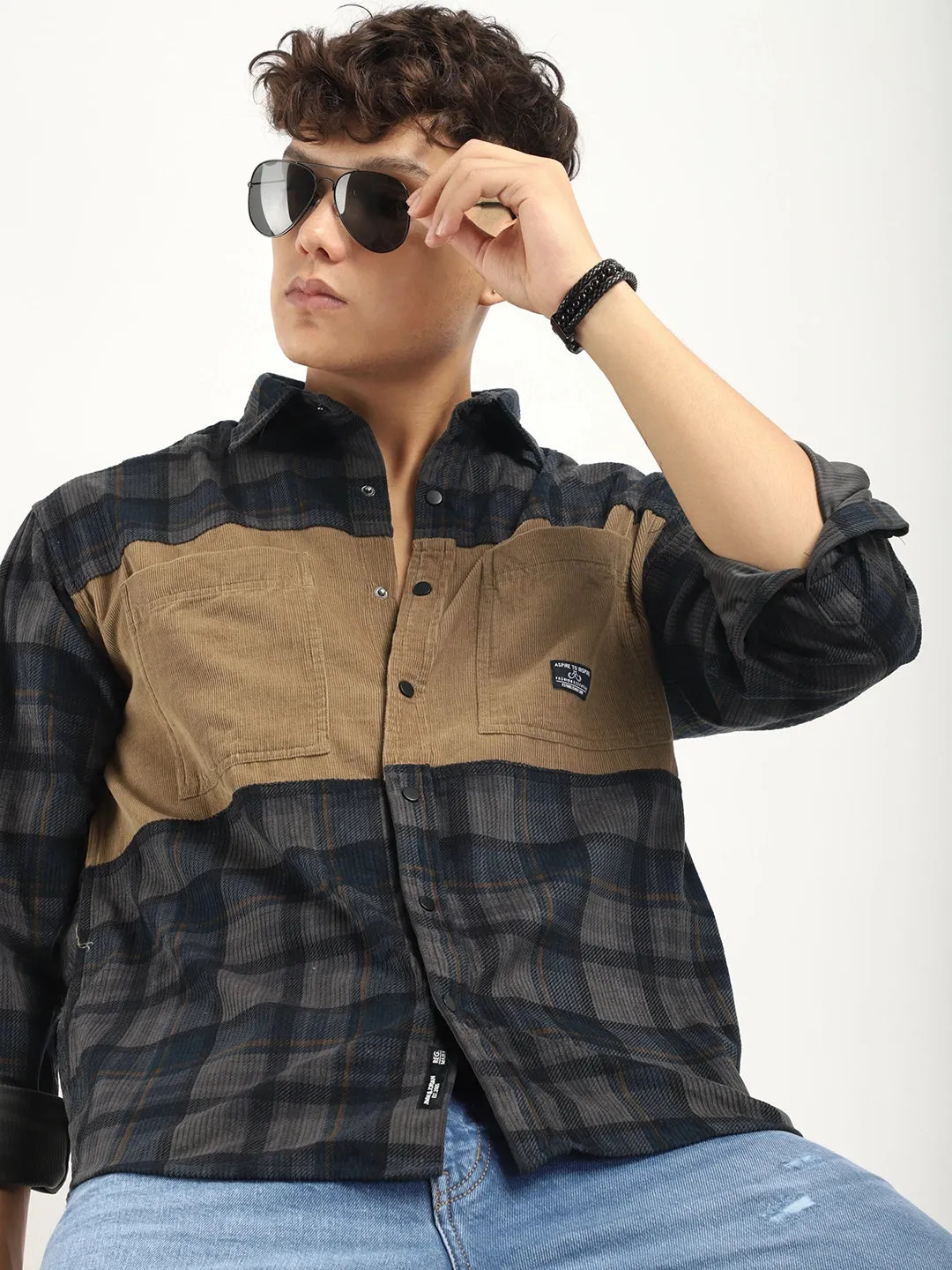 Corduroy Dark Grey Checkerd Stylish Full Sleeve Shirt