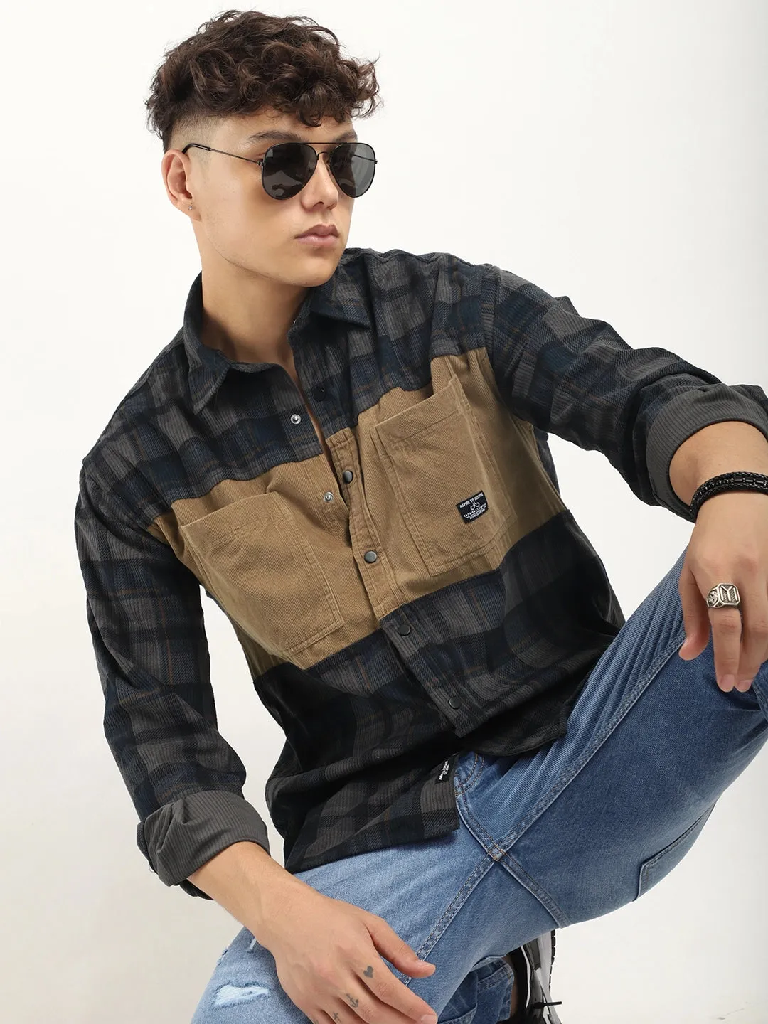 Corduroy Dark Grey Checkerd Stylish Full Sleeve Shirt