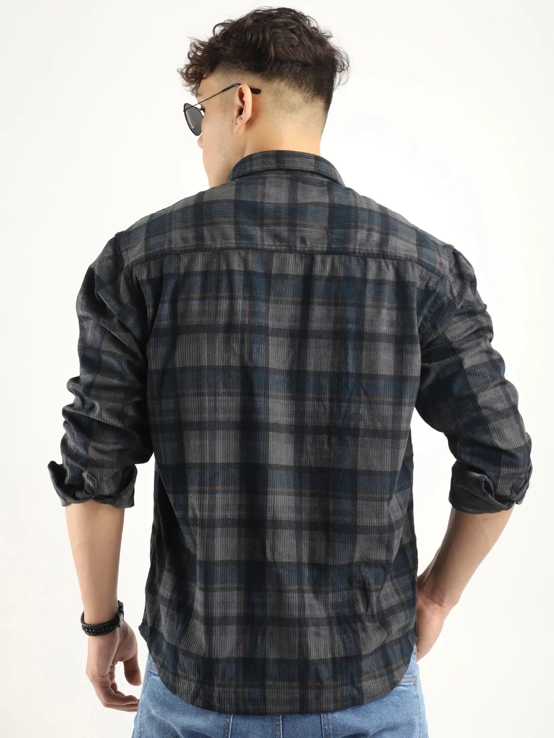 Corduroy Dark Grey Checkerd Stylish Full Sleeve Shirt