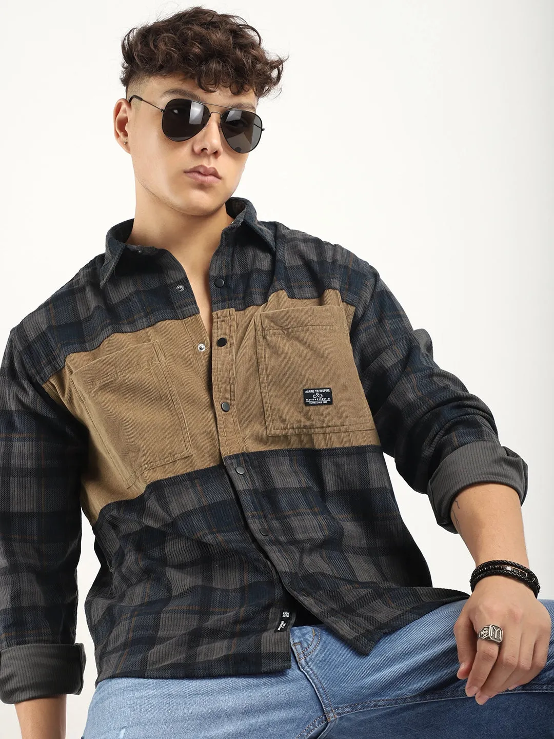 Corduroy Dark Grey Checkerd Stylish Full Sleeve Shirt