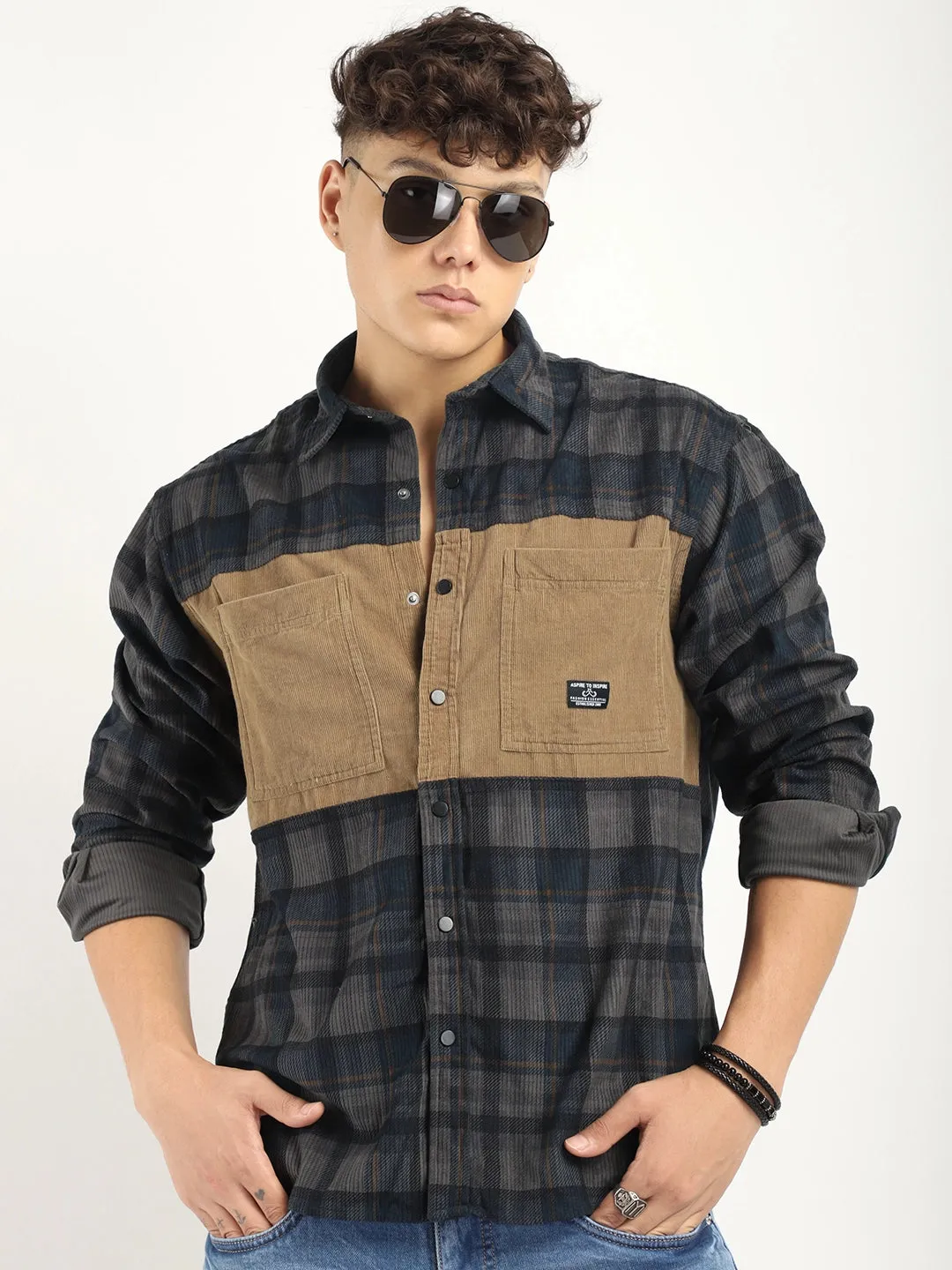 Corduroy Dark Grey Checkerd Stylish Full Sleeve Shirt