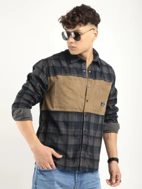 Corduroy Dark Grey Checkerd Stylish Full Sleeve Shirt