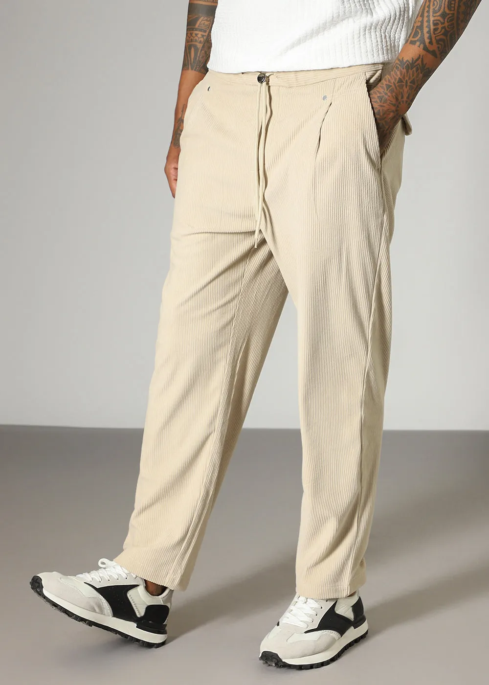 Cream Drawstring Corduroy Pant