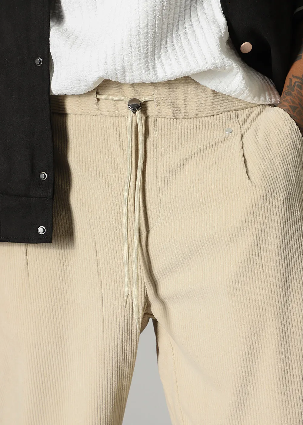 Cream Drawstring Corduroy Pant