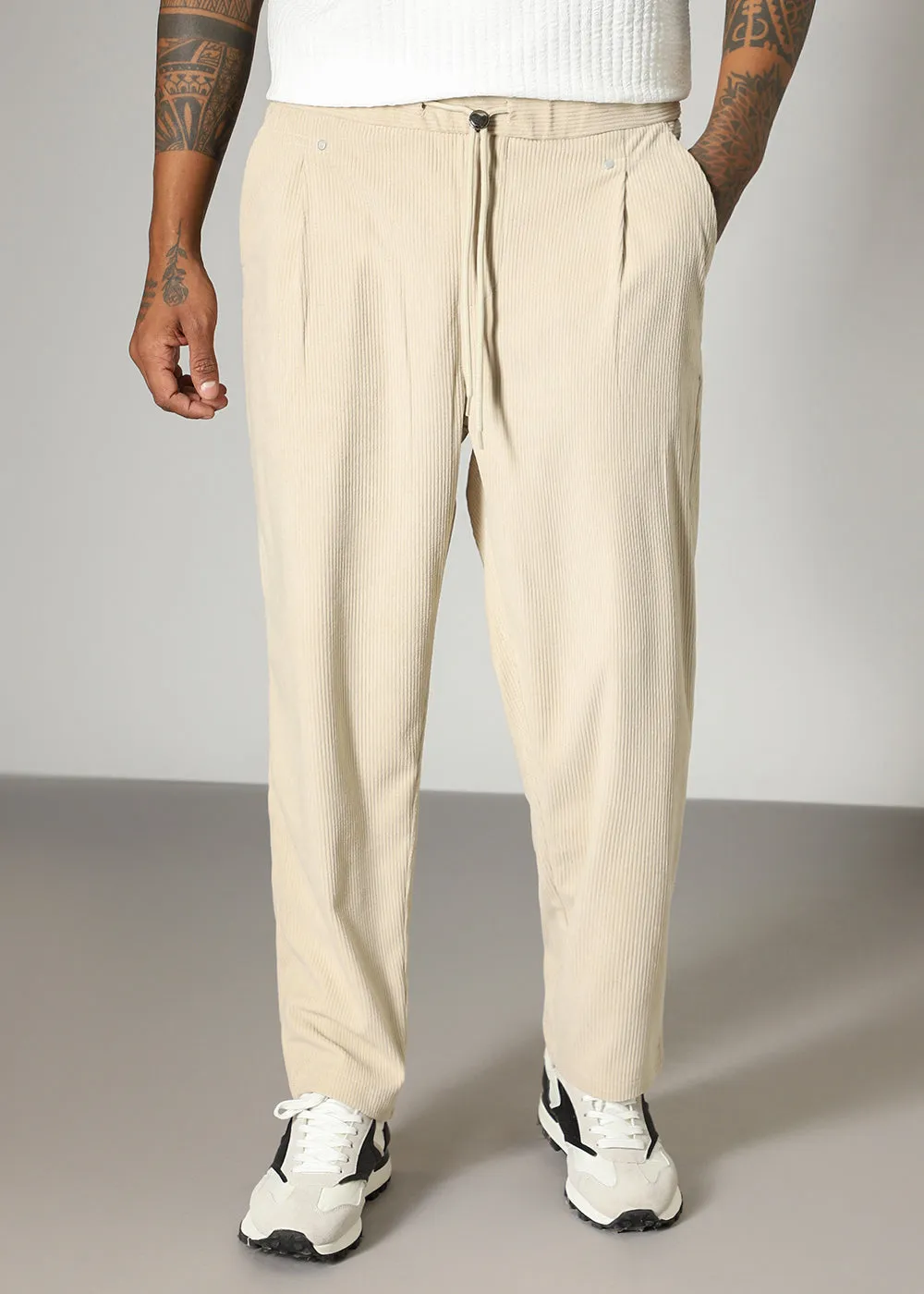 Cream Drawstring Corduroy Pant