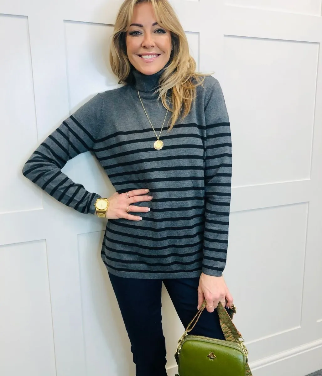 Grey Striped Polo Neck Jumper