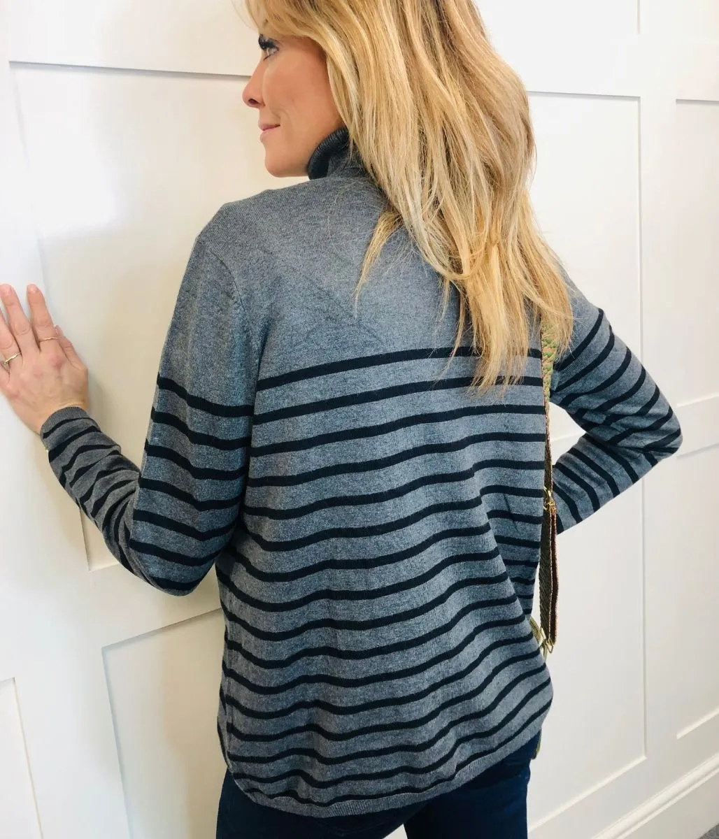 Grey Striped Polo Neck Jumper