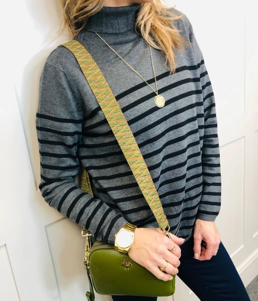 Grey Striped Polo Neck Jumper