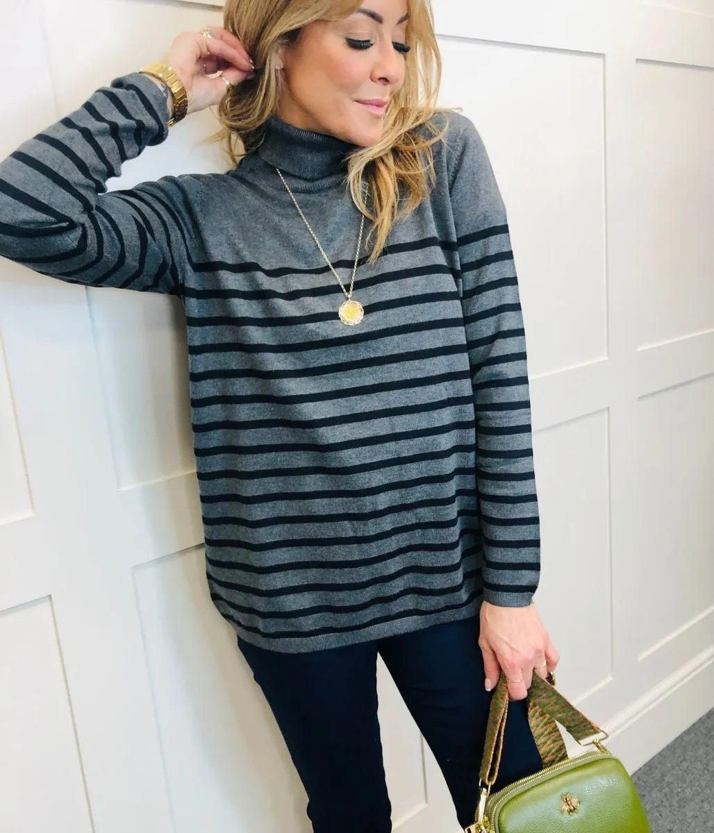 Grey Striped Polo Neck Jumper