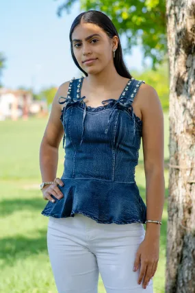 JJ1441 Sleeveless peplum denim top