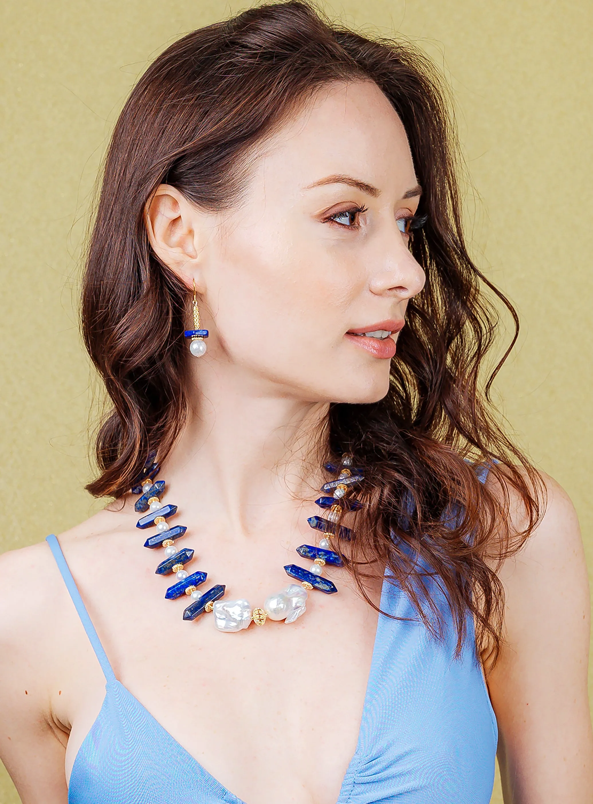 Lapis With Baroque Pearls Stylish Necklace EN020