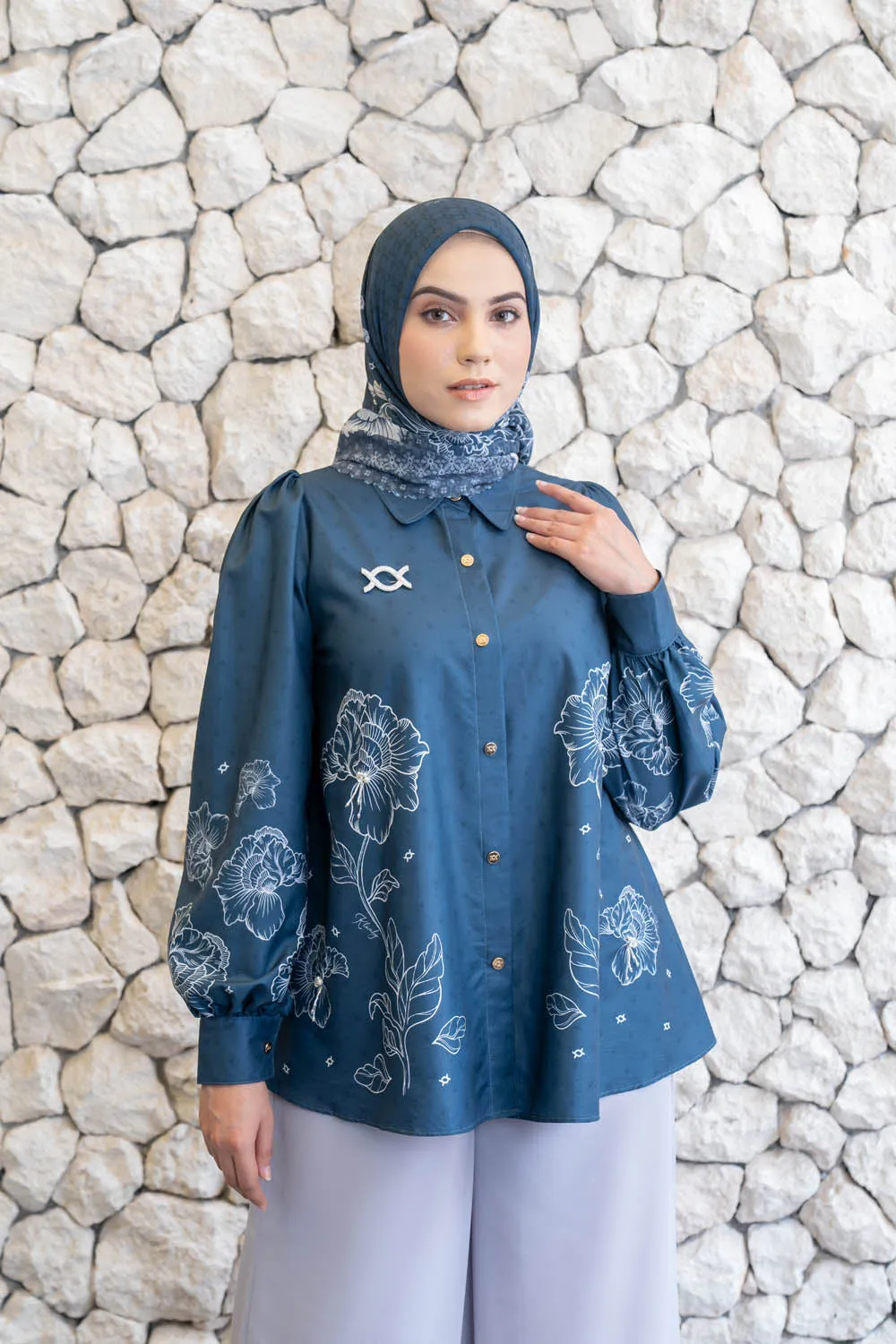 Leysha Shirt & Scarf Set Lunar Blue