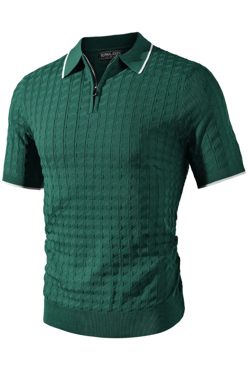 Men Stylish Lapel Collar Knitwear Short Sleeve Zip-up Neck Knitted Shirts