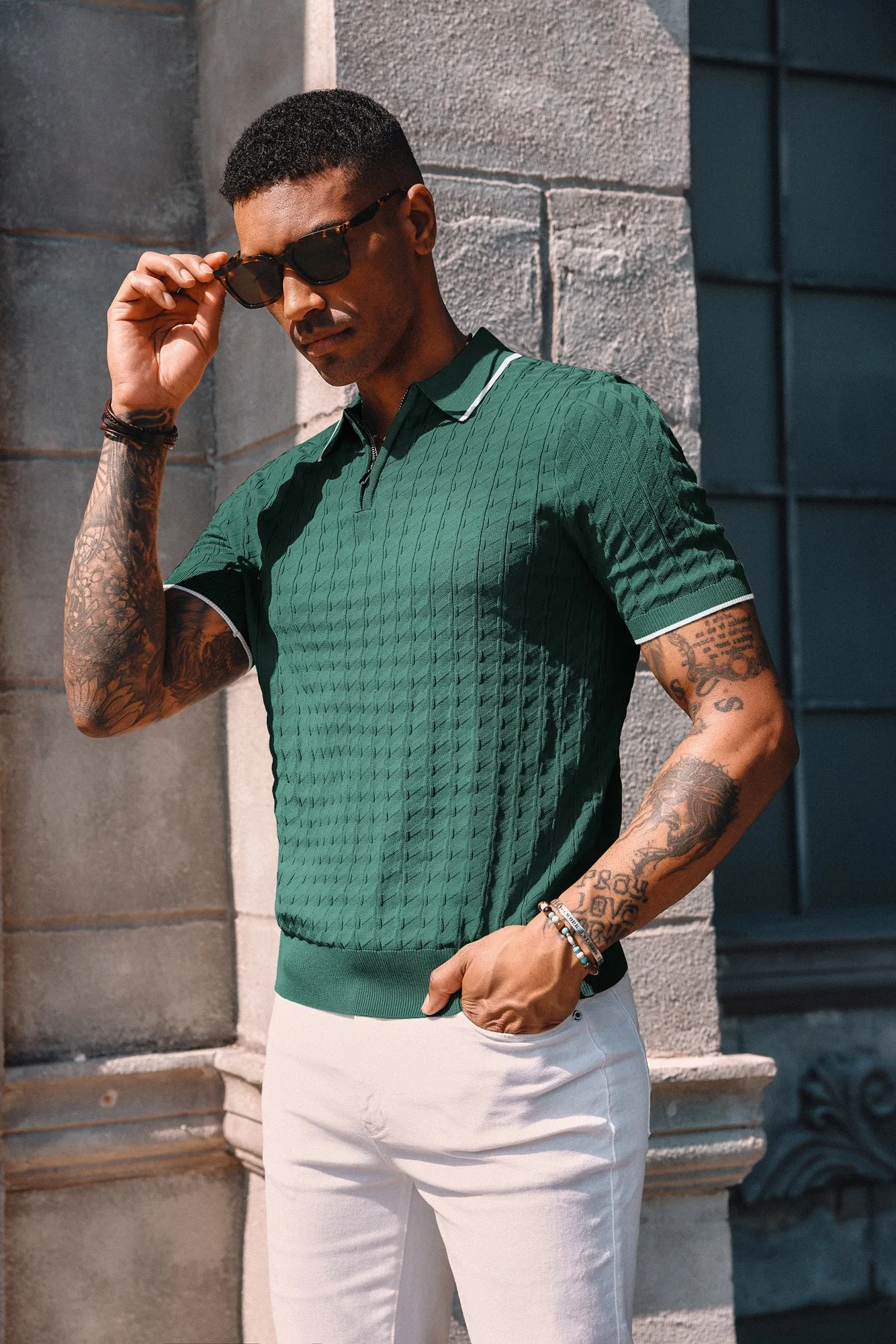 Men Stylish Lapel Collar Knitwear Short Sleeve Zip-up Neck Knitted Shirts