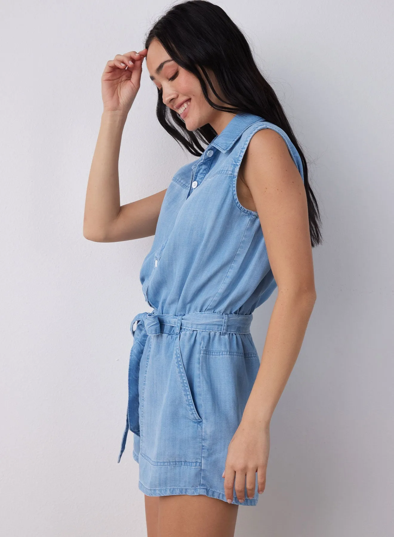 Sleeveless Utility Romper - Caribbean Wash