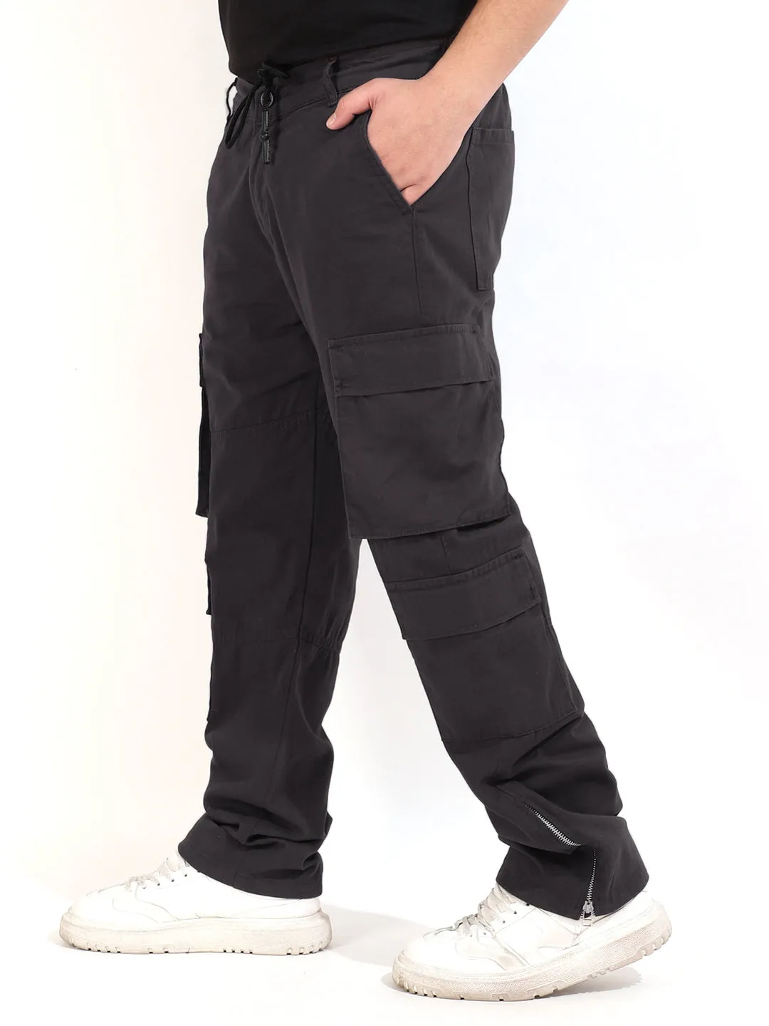 Stylish Dark Grey Cotton Lycra Cargo