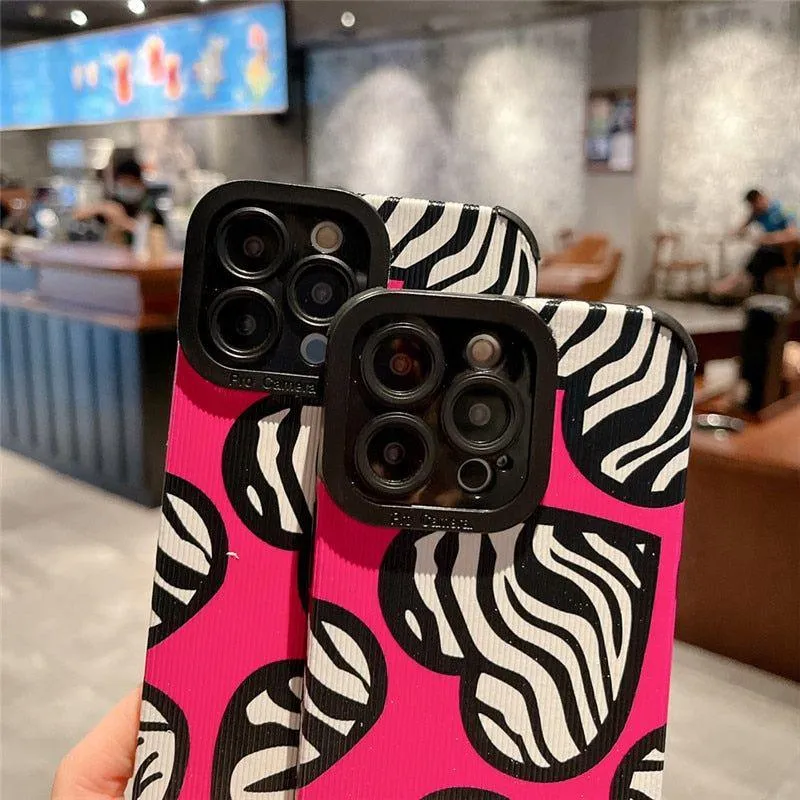 Stylish Pink White Heart Zebra Pattern Cute Phone Cases For iPhone 14, 13, 12 Pro, 11, XS Max, 7, 8 Plus, X, XR, SE