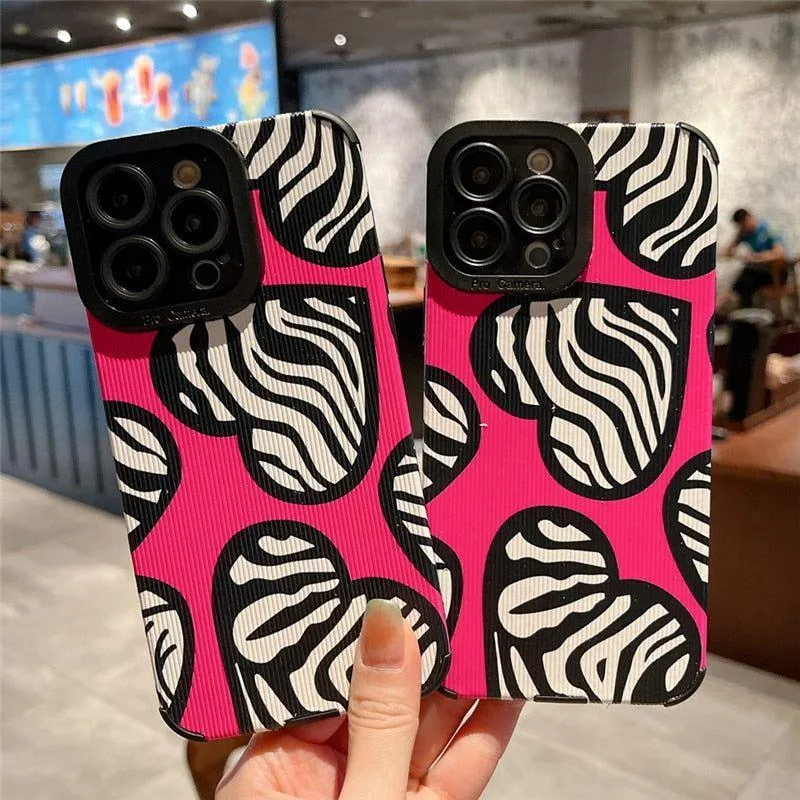 Stylish Pink White Heart Zebra Pattern Cute Phone Cases For iPhone 14, 13, 12 Pro, 11, XS Max, 7, 8 Plus, X, XR, SE