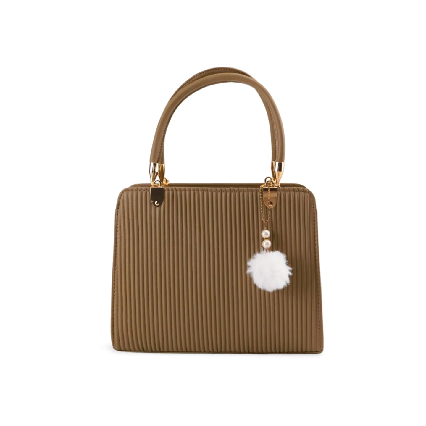 Stylish Satchel Handbag with Chic Pearl and Pom Pom Accents