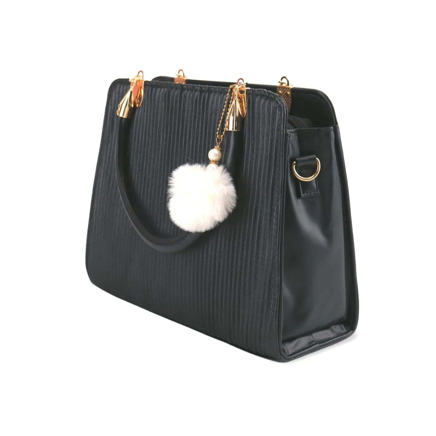 Stylish Satchel Handbag with Chic Pearl and Pom Pom Accents