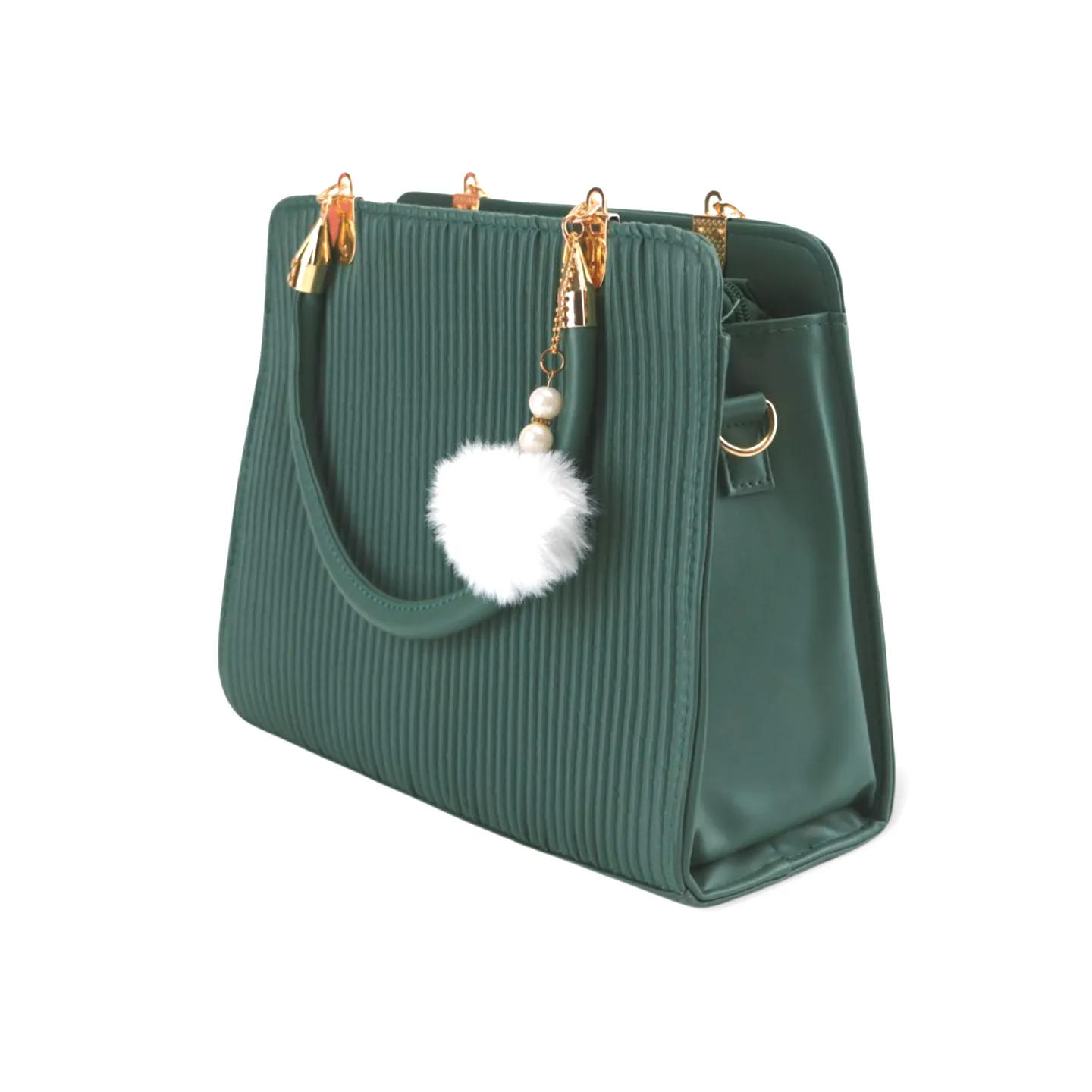 Stylish Satchel Handbag with Chic Pearl and Pom Pom Accents