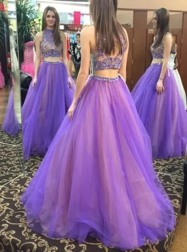 Stylish Two Piece High Neck Floor-Length Prom Dress with Beading Open Back